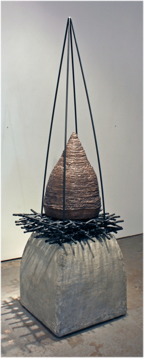 Eva Ennist, Stay, 2016, cold cast bronze, concrete, steel, reed, 75 X 22 in.